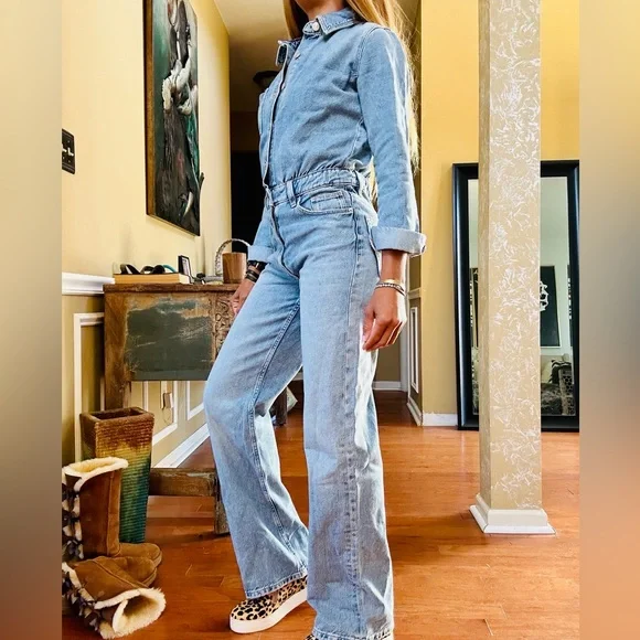 Zara Denim Longsleeve Button Front Jumpsuit - Picture 5 of 13